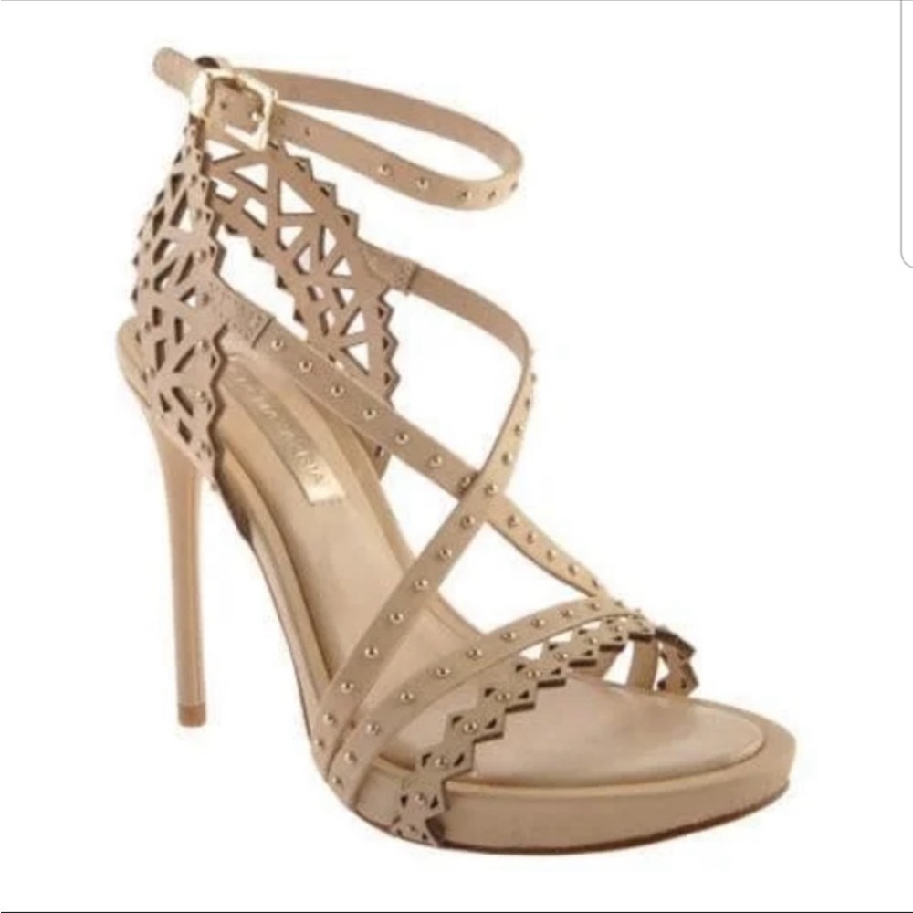 BCBG MaxAzria Esra Nude Stiletto Heels with gold Stud Accents